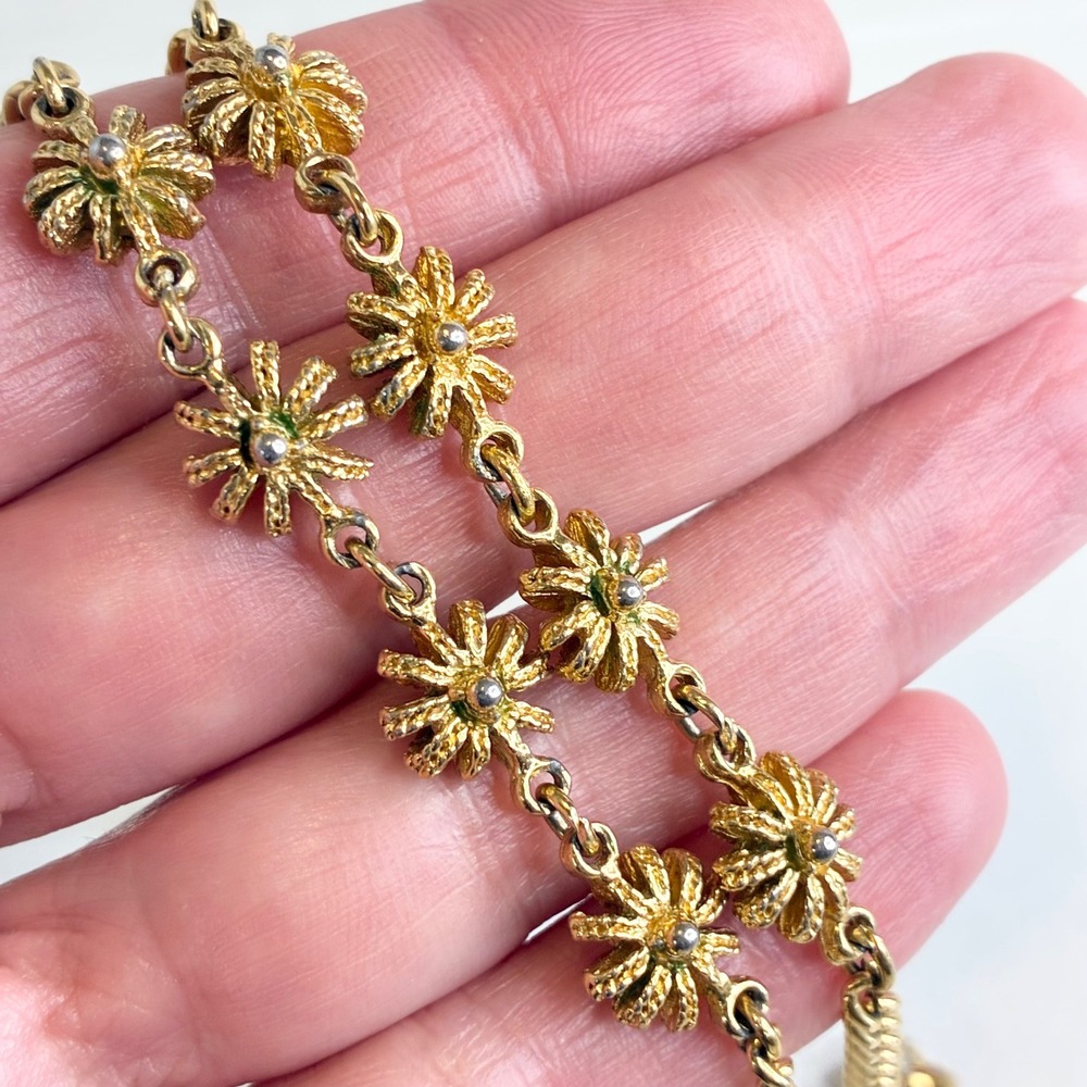 Vintage Crown Trifari Necklace Gold Tone Floral Station Long 35" Curb Chain